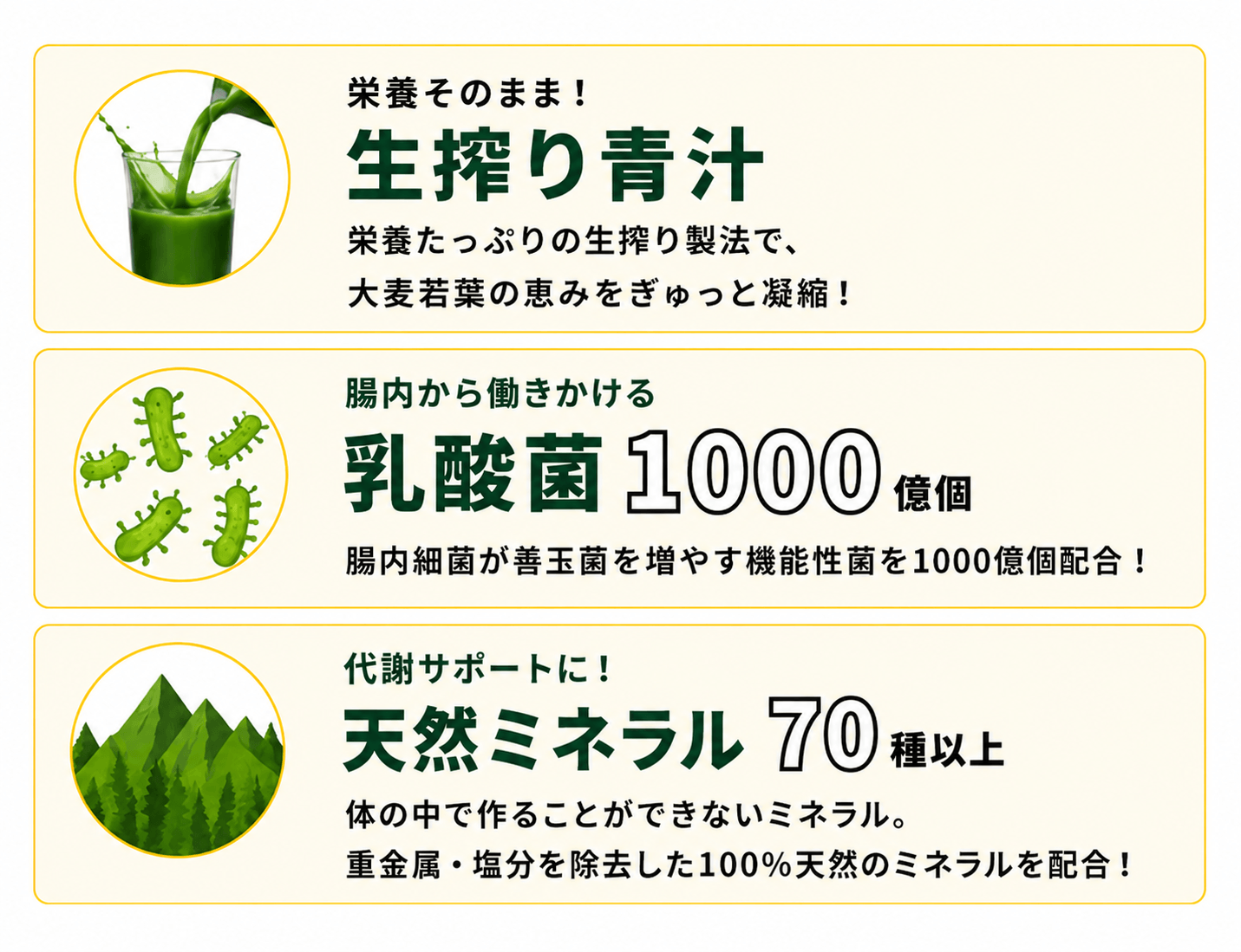 グリーンモンスターの特徴｜栄養そのまま生搾り青汁！乳酸菌1000億個配合で腸内から働きかける！天然ミネラル70種以上で代謝サポート！